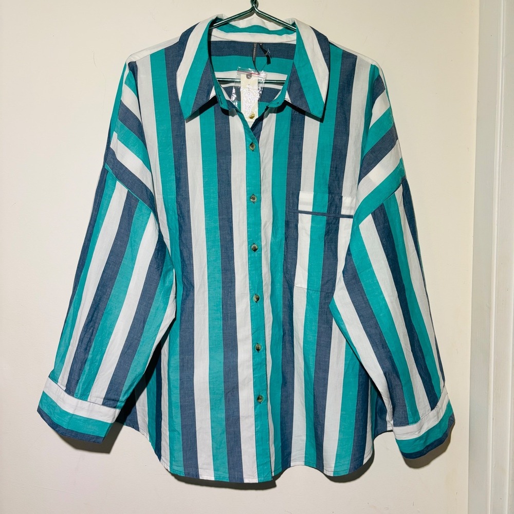 NWT Anthropologie Blue/White Striped Pajama Oversized Women's Top Size Medium
